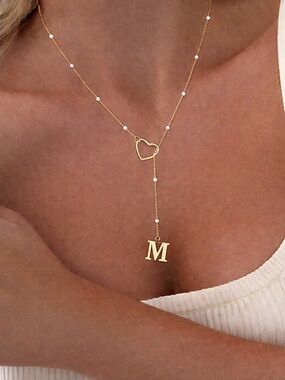 Initial M Heart YNecklace | Pearl Beaded Lariat Minimalist Jewelry